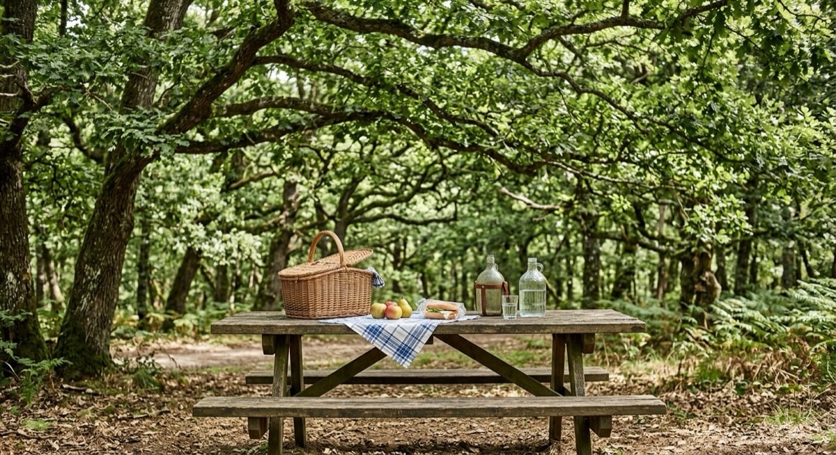 Table de pique-nique en bois à l’ombre des chênes, en Dordogne