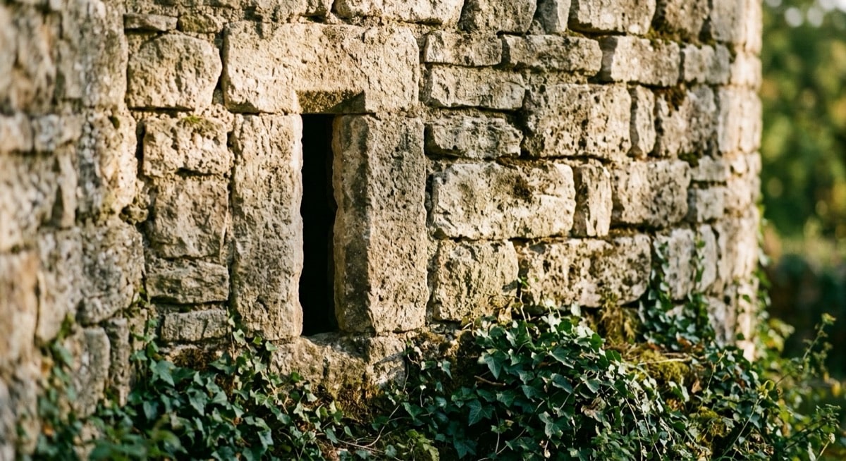 Mur de pierre calcaire et meurtrière d’une ruine médiévale en Dordogne