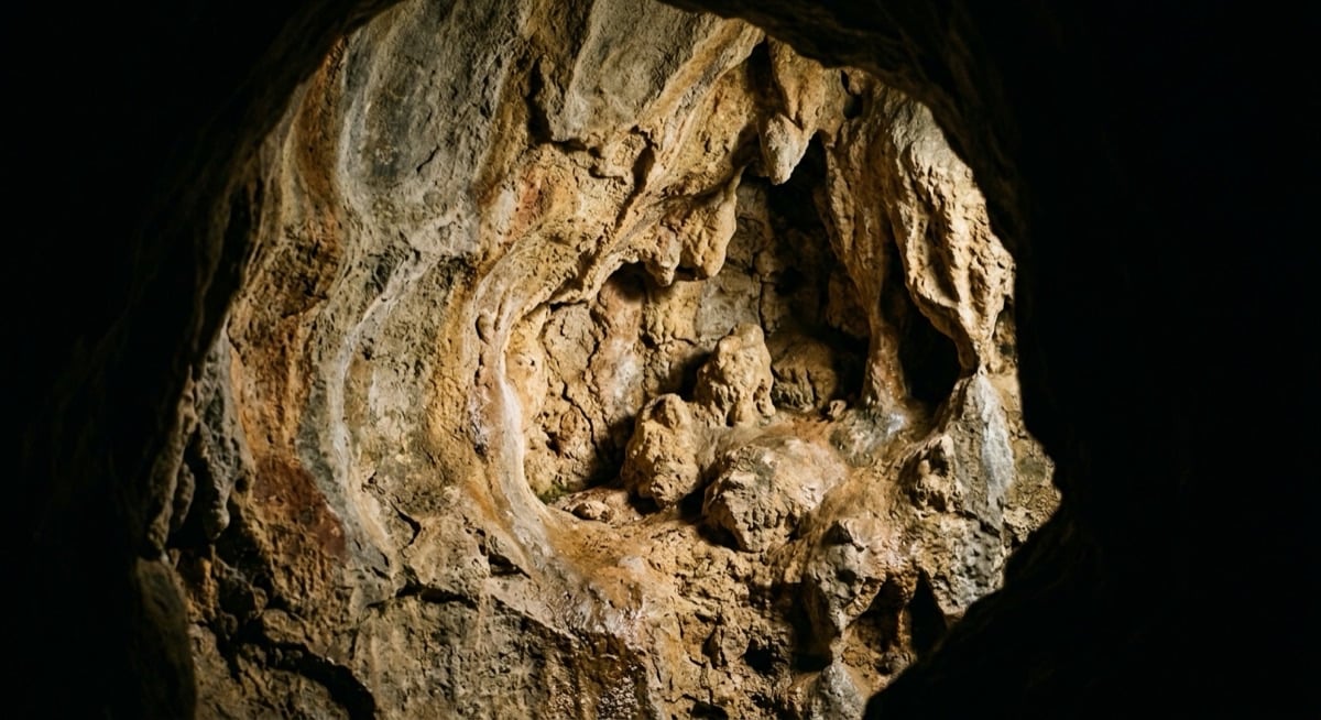 Paroi de calcaire éclairée en lumière rasante dans une cavité du Périgord