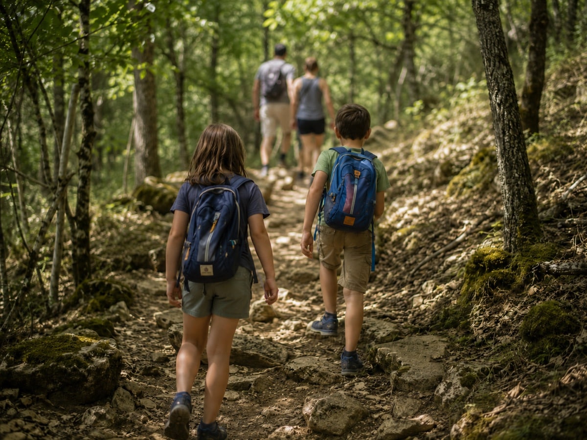 Enfants de dos sur un sentier en sous-bois, audioguide sur les oreilles, en Périgord Noir